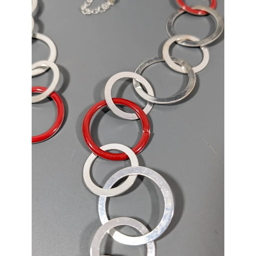 Modernist Silver Tone Red Round Chain Link Long‎ Necklace Statement 32